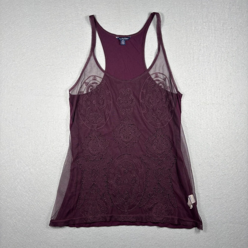 American Eagle Tank Top M Medium Purple Magenta Beaded Mesh Sheer Racerback Y2K